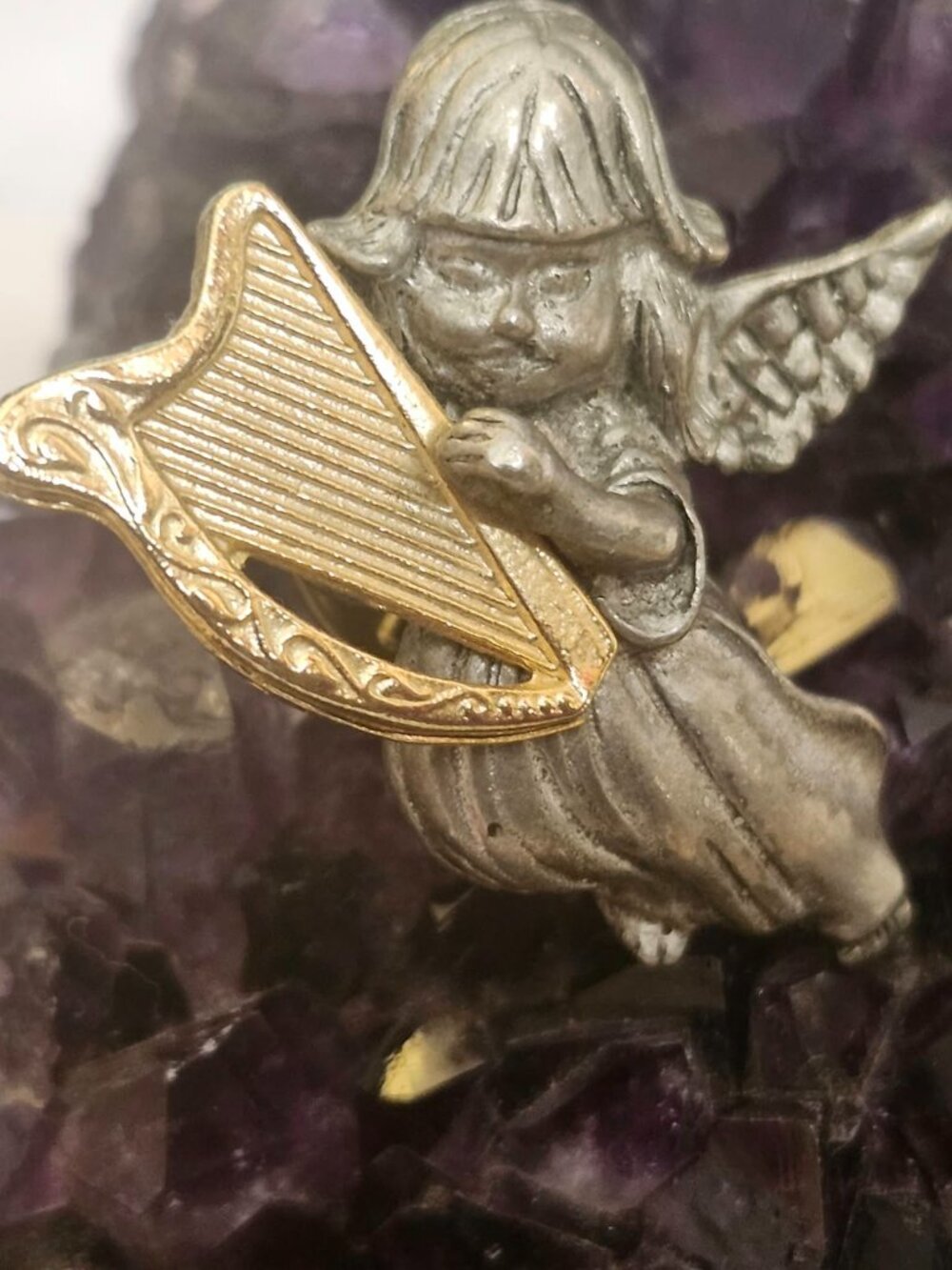 Vintage Style Pewter Angel Harp Lapel Pin Gold Silver Tone